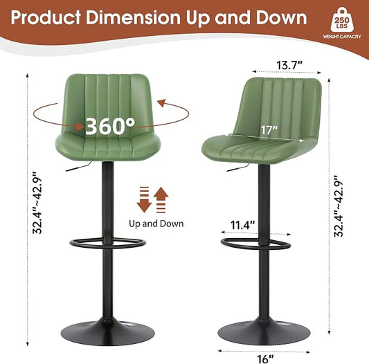 JAMFLY Modern Leather Bar Stools – Swivel & Height-Adjustable Bar Chairs with Footrest, Ergonomic Design for Kitchen Island, Home & Commercial Bar – Set of 2, Green