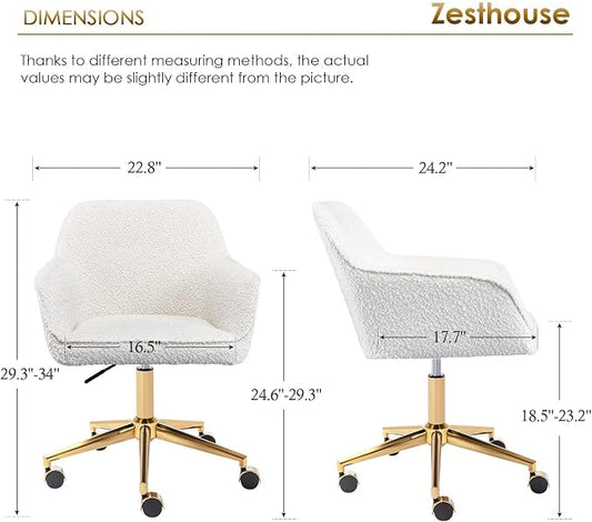 Zesthouse Modern Desk Chair with Wheels, White Swivel Vanity Chair for Girls Women, Upholstered Home Office Chair Boucle Armchair for Bedroom, Height Adjustable Computer Task Chair, Gold Base