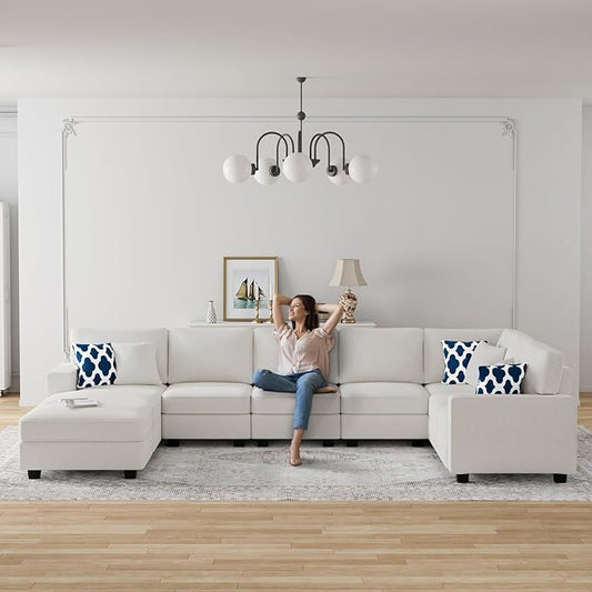 Legend Vansen Oversized Modular Sectional Sofa,U/L‑Shaped Reversible Couch with Ottoman,Deep Seat Plush Polyester Sofa for Living Room,9‑Seater,Cream
