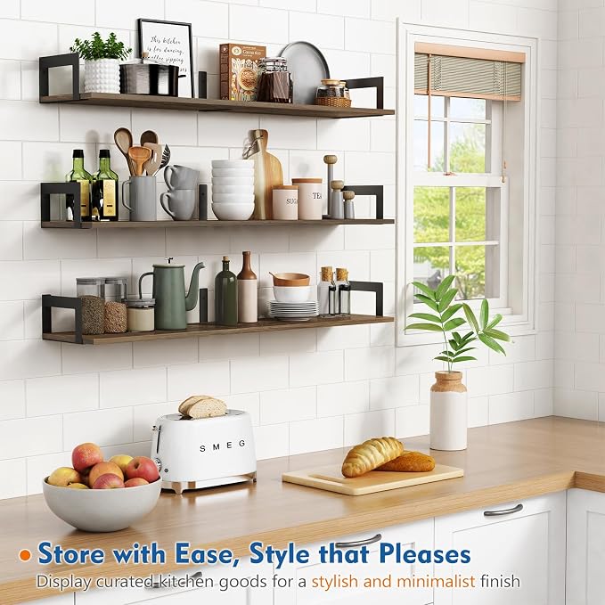 Harwaya Floating Shelves for Wall 36 Inches Long 8 Inch Deep, Large Wall Book Shelves for Bedroom, Rustic Wood Hanging Bookshelf for Living Room Office Kitchen Closet Organizers and Storage - Set of 3