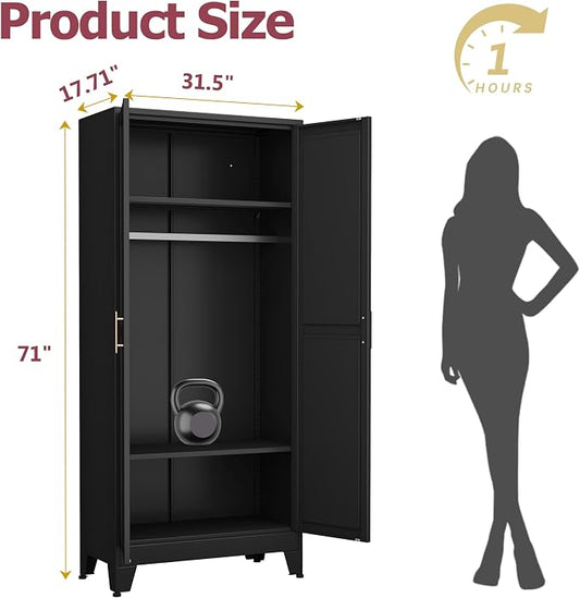 GAIOUS Metal Wardrobe Cabinet with Hanging Rod, Clothing Storage Cabinets | with 2 Doors and Adjustable Shelves, 71" Metal Black Armoire Wardrobe Closet for Bedroom, Laundry Room, Cloak Room