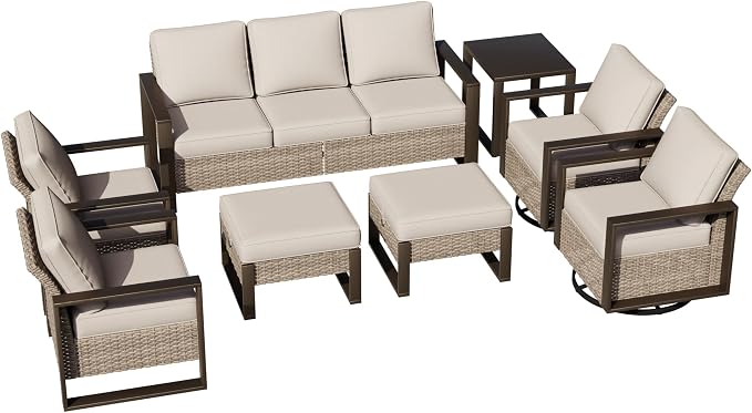 Joyside Outdoor Patio Chairs, 8 Pieces Wicker Rattan Furniture Set, 4 Patio Chairs, 1 Sofa, 2 Ottoman and 1 Table, Metal Wide Armrest, Thick Cushions and Deep Seating for Garden, Backyard, Porch