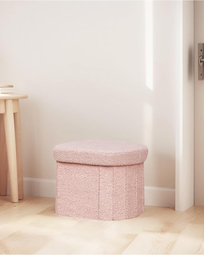 B FSOBEIIALEO Storage Ottoman for Dorm Room, Boucle Folding Storage Ottoman Foot Rest, 16.14 Inches Small Collapsible Ottoman Cube for Living Room Pink