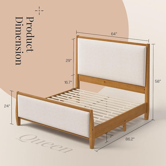 Jocisland 58" Tall Solid Wood Queen Bed Frame with Upholstered Headboard & Footboard, Wooden Platform Bedframe, No Box Spring Needed, Easy Assembly, Modern Farmhouse Style, Walnut, Linen