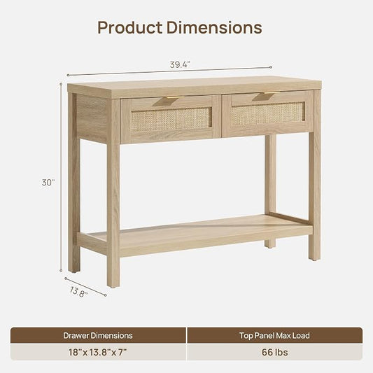 SICOTAS Rattan Console Table for Entryway - Boho Entryway Table with Storage and Drawers, Small Entry Tables for Hallway Behind Couch Table Sofa Table