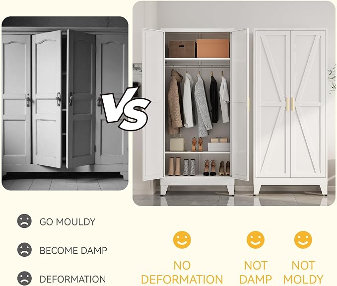 Metal armoire Wardrobe Closet with Hanging Rod,71'' Metal Wardrobe Cabinet with 2 Doors and 2 Adjustable Shelves, Bedroom armoires,Laundry Room cabinets,armario de ropa Closet(Classic, White)