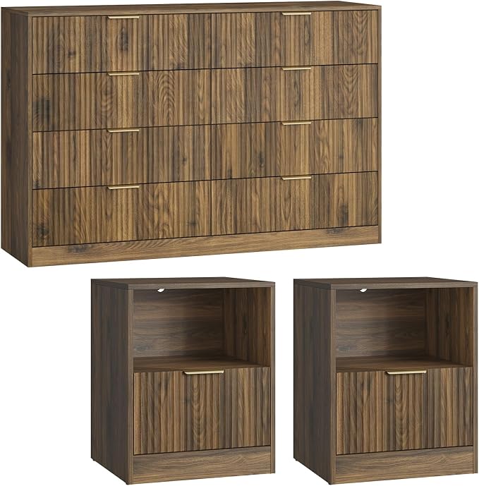 8 Drawer Dresser & Nightstand Set 3-Piece, 55” Wide Bedroom Dresser Set Night Stand Set of 2 with Metal Handle, Fluted Modern Wood Chest of Drawers Storage Dressers Set for Bedroom, Walnut