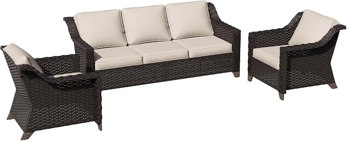 3 Pieces Patio Conversation Furniture Set - 1 Sofa, 2 Armchairs, Outdoor Wicker Furniture with Removable Cushions for Porch, Balcony, Sunroom (Beige)