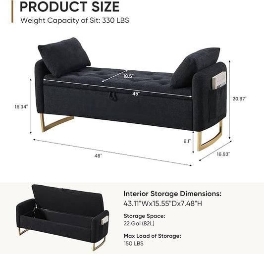 48" End of Bed Bench, Modern Storage Benches with Button-Tufted, Chenille Upholstered Storage Ottoman Bench for Foot of Bed with Arms, Gold Legs Window and Entryway, Black