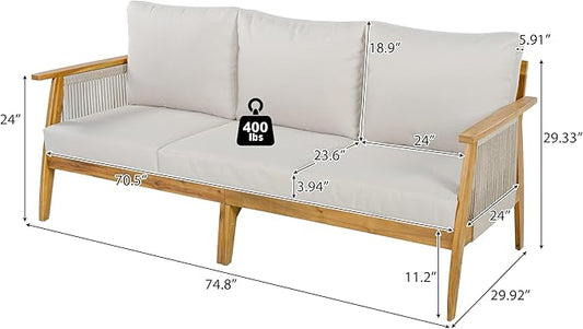Christopher Knight Home Outdoor 3 Seater Patio Sofa with Acacia Wood Frame and Rope Weave Design, Cushioned Garden Couch with Removable Covers for Patio Deck Balcony, Teak and Beige