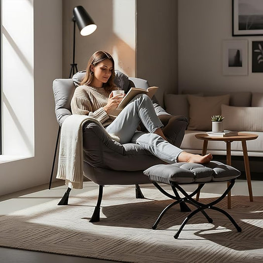 Welnow Lazy Chair with Ottoman, Modern Accent Chair with Armrests and a Side Pocket, Leisure Sofa Armchair, Reading Armchair with Footrest for Small Space, Dark Grey