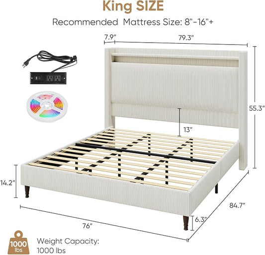 King Size Bed Frame with Tall Headboard, 55.3" Upholstered Platform King Bed Frame, Elegant Corduroy Wingback Bed with LED Lights & Charging Station, No Box Spring Needed, Solid Wood Slats, Cream