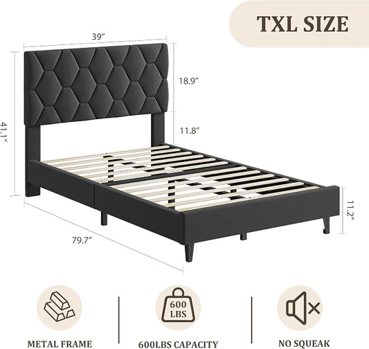 GarveeHome Grey Twin XL Bed Frame with Upholstered Headboard, Heavy-Duty Platform Bed Frame with Adjustable Headboard, Strong Wood Slat Support/No Box Spring Needed/Noise Free