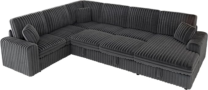 VanAcc 130" Sofa Bed, Sectional Sleeper Sofa with Pull Out Bed, Sleeper Couch for Living Room, 6 Seater Couch with Storage, Faux Fur Dark Grey
