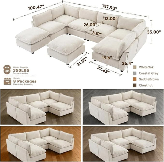 Iroomy Modular Sectional Sofa, Oversized Chenille Cloud Couch, Deep Comfy Seat, 8-Seater Sofas Couches for Living Room, Beige, High Feet