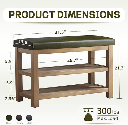 Zihanhome Shoe Rack Bench with Leather Cushion, 2 Tier Solid Wood Storage Bench, Mid-Century Modern Shoe Bench for Entryway, Hallway, Closet, Front Door Entrance, Foyer (Green, 31.5)