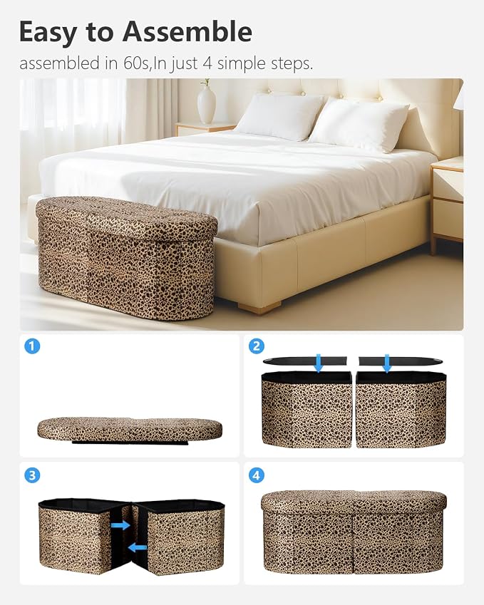 AmasSmile Footrest Ottoman Bench with Storage,34Inch Footstool, Coffee Table, Padded Seat, Storage Chest,Blanket Store with Flipping Lid for Livingroom and Bedroom (Leopard Print(Velvet))