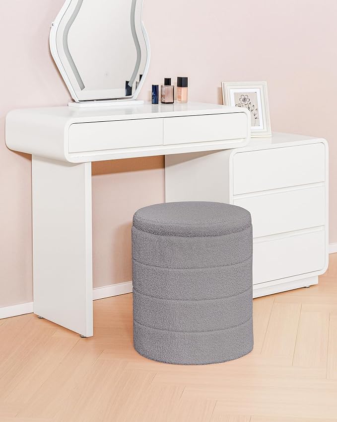 B FSOBEIIALEO Ottoman with Stroage, Round Sherpa Storage Ottoman Stool, Boucle Foot Rest 14.6"x14.6"x17.7"(Grey