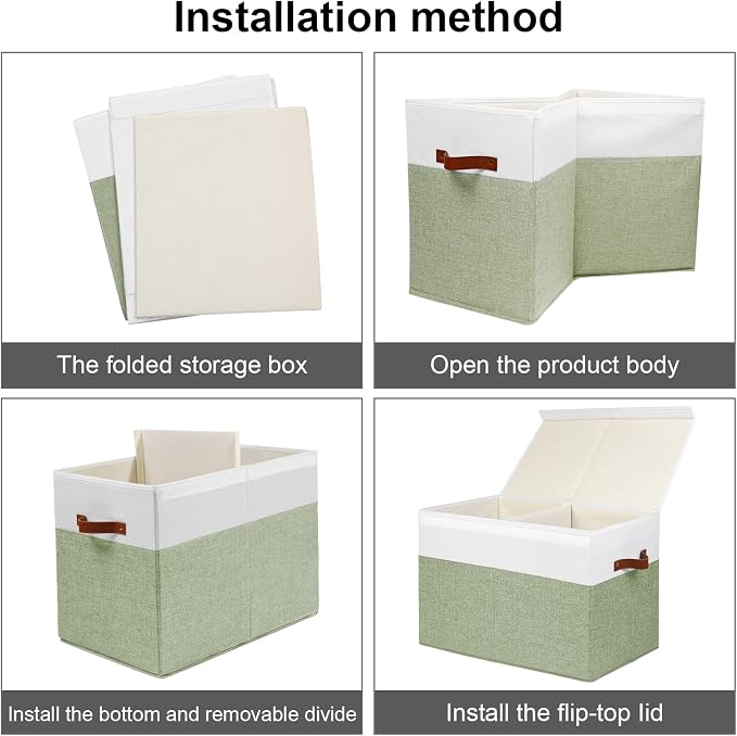 Gowee Large Toy Storage Box with Lid, Sturdy Toys Storage Chest Bin Organizer Basket with Dividers for Kids, Boys, Girls, Nursery, Closet, Bedroom, Playroom 25"x13" x16" (Green and White)