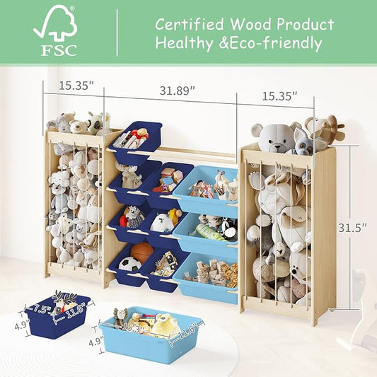 EXPERLAM Large Toy Storage Organizer, Wooden Stuffed Animal Storage & 12-Bins Toy Organizer, Double-Sided Plush Toy Holder Featuring Thicker Ropes, Space Save Bedroom Nursery Playroom Storage, Blue