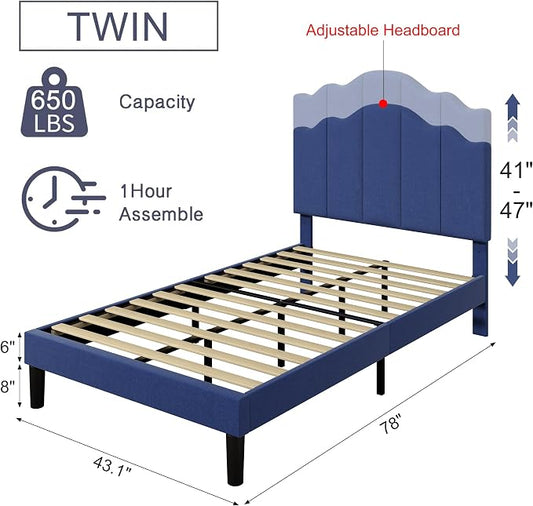 VECELO Twin Size Upholstered Platform Bed Frame with Adjustable Headboard, Wood Slat Support and Noise-Free, No Box Spring Needed, Easy Assembly, Dark&Blue