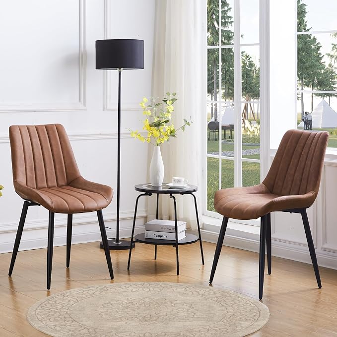 CLIPOP Brown Faux Leather Dining Chair Set of 4, Mid Century Modern, High Back, Armless Upholstered Leisure Side Chair for Dining Room Lounge