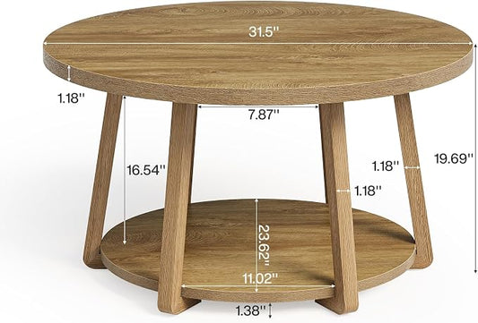 LITTLE TREE Round Coffee Table, 2-Tier Center Table with Storage, Wooden Legs, 31.5 Dia. x 19.6 H Inches, Easy Assembly, Circle Coffee Tables for Living Room, Bedroom