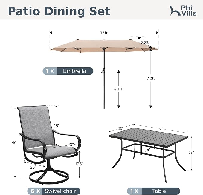 PHI VILLA 8 Piece Patio Dining Set with 13ft Patio Umbrella (Beige), 6 Outdoor Swivel Dining Chairs & 1 Large Metal Dining Table for Deck Lawn Garden (No Umbrella Base)