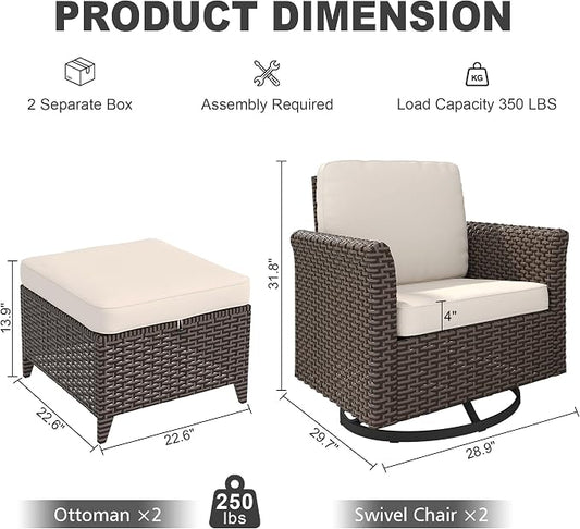4 Pieces Patio Furniture Set, 2 High Back Swivel Chairs & 2 Ottomans, All-Weather PE Wicker Furniture with Waterproof Cushions for Deck, Garden, Porch