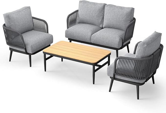 Jocoevol Outdoor Patio Furniture Set 5-Piece, Outdoor 4-Seat Sofa with Coffee Table, Waterproof Thick Cushion Patio Conversation Set, All Weather Outdoor Couch Set for Deck, Lawn, Balcony, Porch