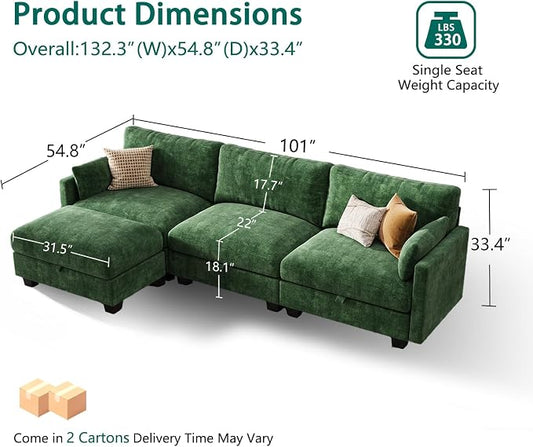 Modular Sectional L Shaped Sofa Couches for Living Room, Cloud Couch with Storage Ottoman, Comfy Chenille Sofa with Pillow, Green
