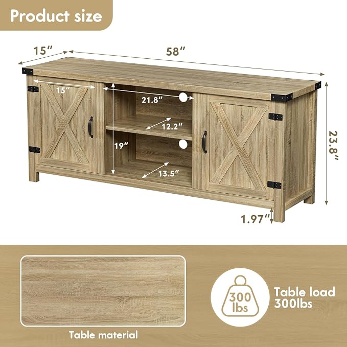 YESHOMY Modern Farmhouse TV Stand with Two Barn Doors and Storage Cabinets for Televisions up to 65+ Inch, Entertainment Center Console Table, Media Furniture for Living Room, 58 Inch, White Oak