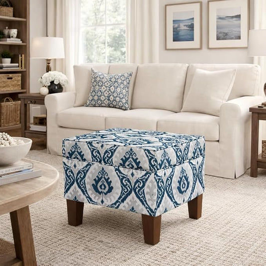 HomePop 22" Modern Rectangular Storage Ottoman - Blue Ikat Medallion Print