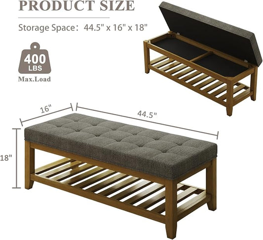 Befurtori Large Rectangular Upholstered Ottoman Bench, Linen Tufted Footrest Ottoman with Solid Wood Shelf Storage Coffee Table for Bedroom Living Room, Granite