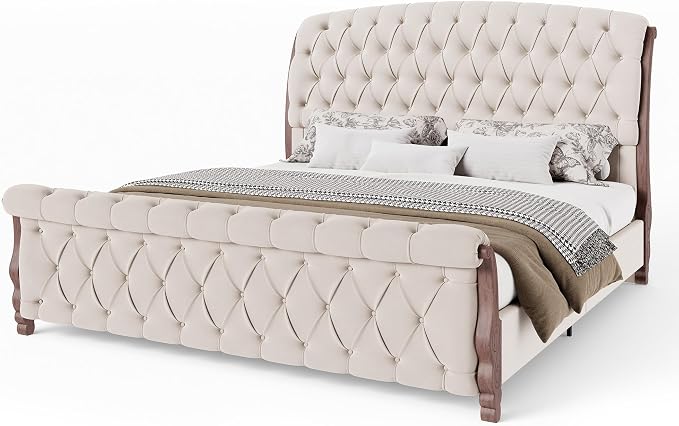 AMERLIFE Upholstered California King Bed Frame, 53" Tall Sleigh Bed with Button Tufted Chenille Headboard and Footboard, Platform Bed with Carved Solid Wood Legs, No Box Spring Needed, Cream