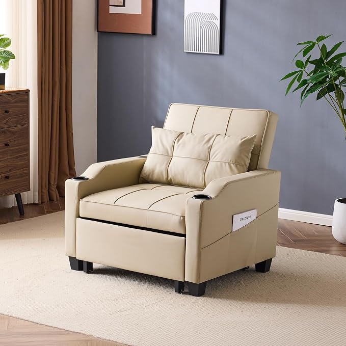 VINGLI Sofa Bed Chair Recliner, 3-in-1 Convertible Sleeper Sofa Chair Bed Beige Daybed Pull Out Couch Bed with Adjustable Backrest, USB Ports, Cup Holders for Small Spaces Living Room