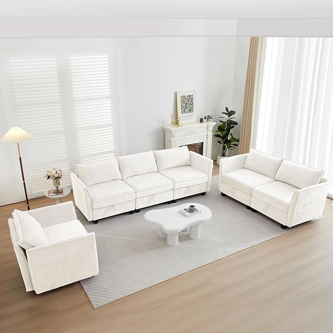 ORRD Sleeper Modular Sectional Sofa Set, Convertible Couch Bed with Storage, 4 Seater and 4 Armrestes Sofa Modular for Living Room, Office (Beige)
