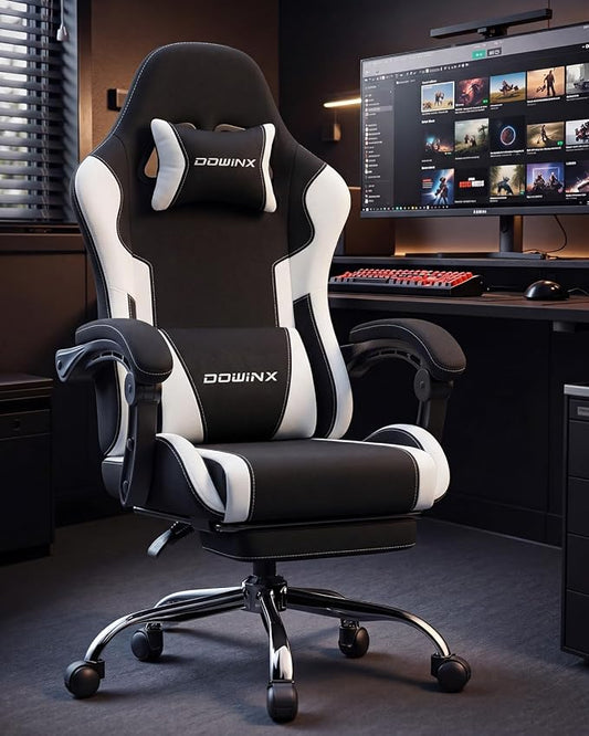 Dowinx Ergonomic Gaming Chair with Footrest & Massage Lumbar, 2D-Linkage Armrests for Computer Chair 330lbs with Headrest Pillow for Office, Home, Streaming and Long Gaming Sessions, Fabric White
