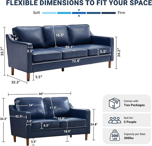 Kingfun Couch Sets for Living Room, 3 Seater Couch and Loveseat, Mid Century Modern Sofa Set, Faux Leather Couch with Solid Wood Frame for Bedroom