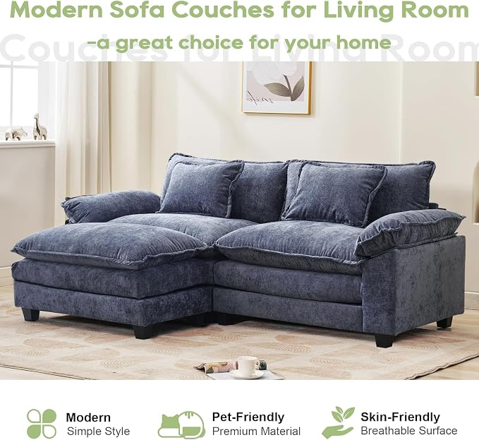 Oprisen 86" Modular Sectional Sofa, Comfy Cloud Couch Sectional Sofa with Ottoman, Chenille Sofa Sleeper Deep Seat Sofa with Throw Pillows for Living Room (Blue, 86"- L Shape)