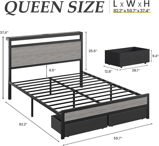 Fluest Queen Bed Frame,Queen Bed Frame with Storage Headboard & 2 Storage Drawer, Charging Station & LED Light, No Box Spring Needed, Noise Free, Easy Assembly, Rustic Grey