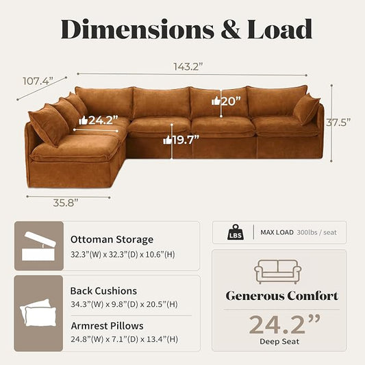 Cloud Modular Corner Sectional, Oversized Deep Seat Comfort, Luxe Chenille | Fully Removable Washable Covers, Memory Foam Seat Cushions, Premium Fabric