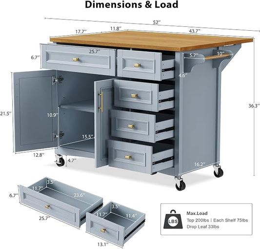 Large Kitchen Island with Rubber Wood Drop Leaf, Rolling Kitchen Cart with Ample Storage on Wheels with Doors and Drawers, Embossed Texture for Dining Room (52Inch, Grey, Golden Handle)