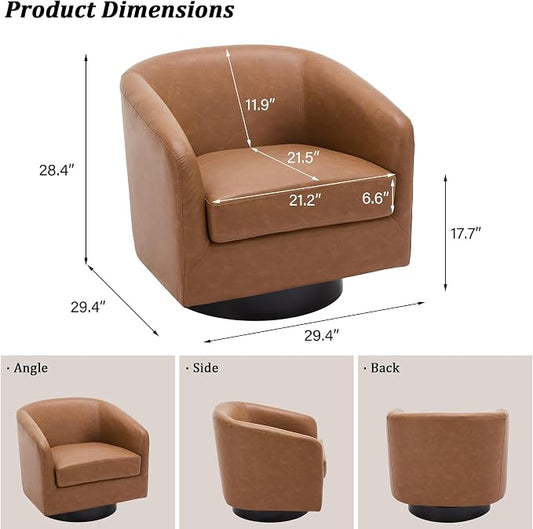 Swivel Barrel Accent Chair, Modern Round Faux Leather Arm Chair for Living Room, Bedroom, Comfy Club Reading Chairs for Adults(Faux Leather, Brown, Set of 4)