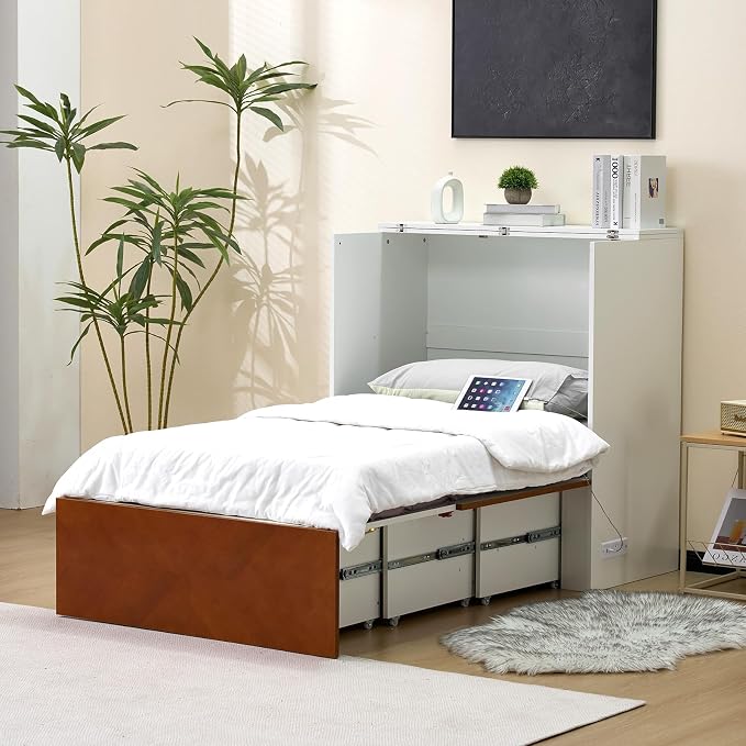 VINGLI Twin Murphy Bed with Storage Drawer,Rustic & Scandinavian Style Foldable Bed Cabinet with Charging Station,Hideaway Paltform Panel Bed for Small Spaces,Guest Room,Office,Apartment,Golden Brown