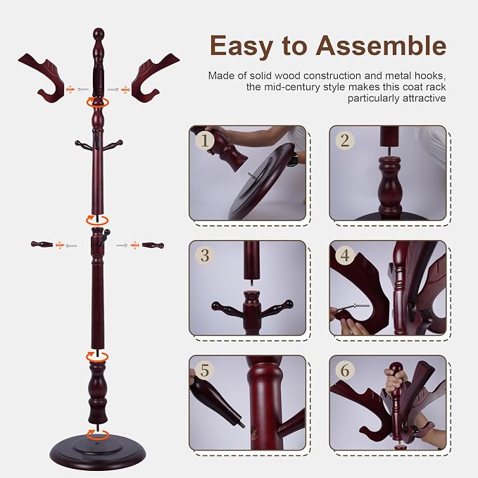 Wooden Coat Rack Freestanding with 11 Hooks, Adjustable Height Coat Tree Free Standing Heavy Duty for Entryway, Easy Assembly Solid Wood Sturdy Coat Hats Hanger Stand for Office Hallway Bedroom