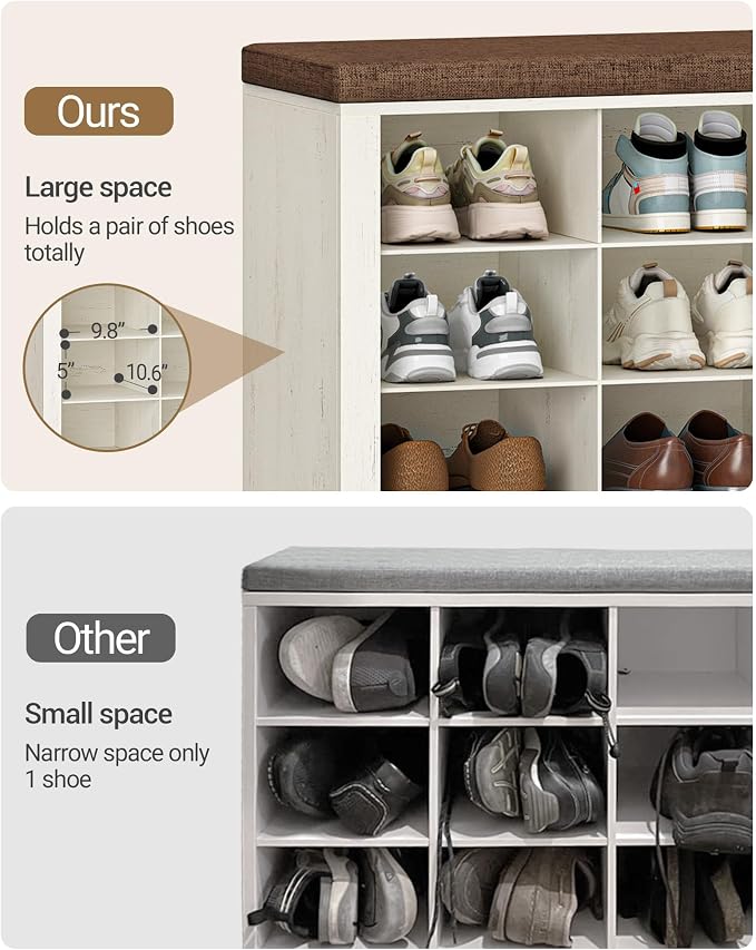 Hzuaneri Shoe Bench with Cushion, Entryway Storage Bench with 16 Cubbies, Cubby Shoe Rack with Adjustable Shelves, Shoe Organizer Cabinet for Living Room, Bedroom, Entryway, Rustic White SB25614KA