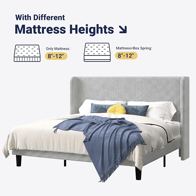Allewie King Size Bed Frame with Upholstered Wingback Headboard, Vertical Channel Tufted Corduroy Velvet Platform Bed, Strong Wooden Slats Support, No Box Spring Needed, Easy Assembly, Light Grey