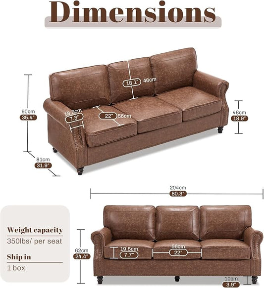 Kingfun Mid-Century Modern Couch, Faux Leather Sofa, 3 Seater Couch for Living Room with Rolled arms & Nailhead Trim, Dark Brown
