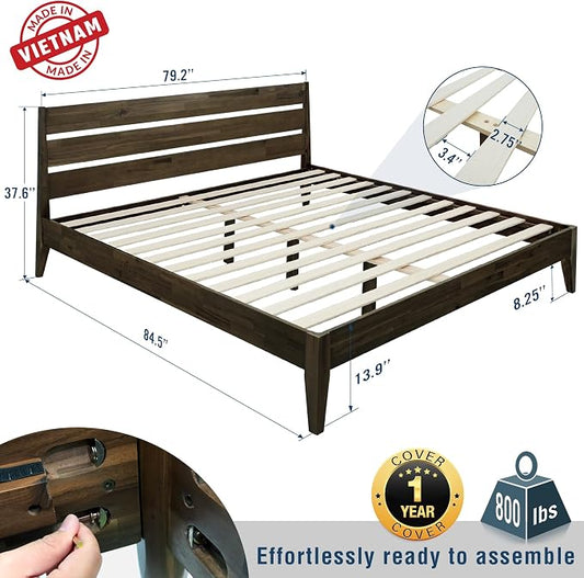 Acacia Emery Bed Frame with Headboard Solid Wood Platform Bed, King Size Bed Frame, Mid - Century Modern Wood Bed Compatible with All Mattresses, Easy Assembly, Non-Slip (Mocha, King)